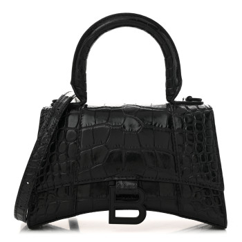 BALENCIAGA Shiny Calfskin Monochrome Crocodile Embossed Hourglass Top Handle Bag XS Black