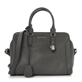 ALEXANDER MCQUEEN Pebbled Calfskin Small Skull Padlock Zip Around Tote Dark Grey