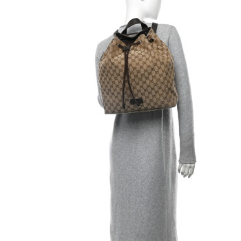 GUCCI Monogram Dollar Calfskin O Drawstring Backpack Beige Ebony Testa di Moro Dark Chocolate