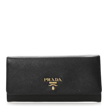 PRADA Saffiano Bi-Color Metal Continental Flap Travel Wallet Black Fuoco