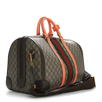 GUCCI GG Supreme Monogram Textured Dollar Calfskin Web Medium Savoy Duffle Bag Beige Ebony Fluorescent Orange