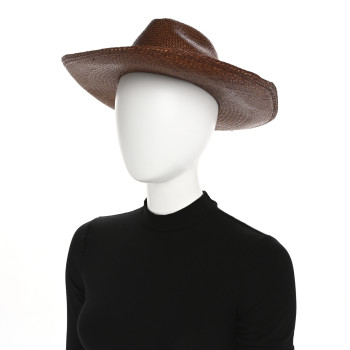 GUCCI Straw Calfskin Wide Brim Hat M Brown