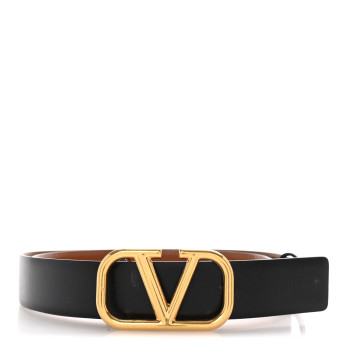 VALENTINO GARAVANI Glossy Calfskin VLogo Reversible 30mm Belt 80 32 Saddle Brown Black