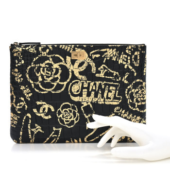 CHANEL Calfskin Crocodile Embossed Graffiti 2.55 Medium Cocodile Reissue Cosmetic Case Black Gold