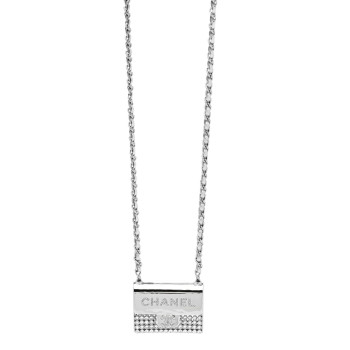 CHANEL Metal Lambskin Strass Crystal Purse CC Long Necklace Silver