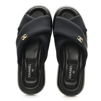 CHANEL Fabric CC Mules Sandals 39 Black