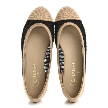 CHANEL Raffia Cap Toe Ballerina Flats 38.5 Black Beige