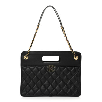 CHANEL Aged Calfskin Quilted Graphic Catch Shopping Bag Black