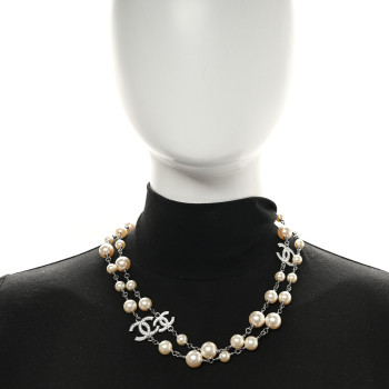 CHANEL Crystal Pearl CC Long Necklace Silver