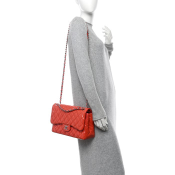 CHANEL Patent Quilted Jumbo Double Flap Coral
