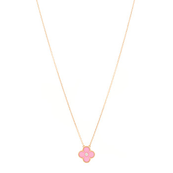 VAN CLEEF & ARPELS 18K Rose Gold Diamond Pink Porcelain Vintage Alhambra Pendant Necklace