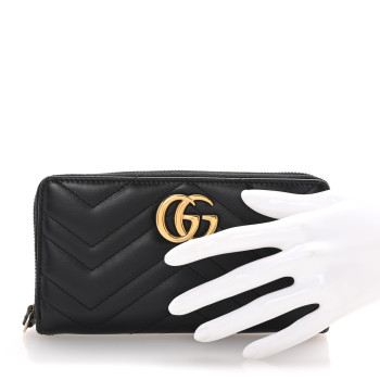 GUCCI Calfskin Matelasse GG Marmont Zip Around Wallet Black