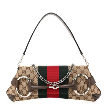 GUCCI Monogram Textured Dollar Calfskin Heavy Grosgrain Web Medium Maxi Horsebit Chain Shoulder Bag Beige Ebony New Acero