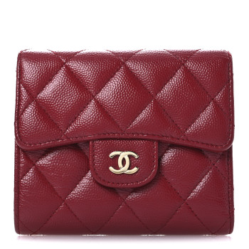 CHANEL Caviar Quilted Compact Flap Wallet Dark Red