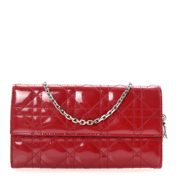CHRISTIAN DIOR Patent Cannage Lady Dior Rendezvous Wallet On Chain Red