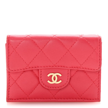 CHANEL Lambskin Quilted Double Flap Wallet  Dark Pink
