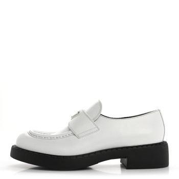 PRADA Spazzolato Metal Triangle Logo 50mm Loafers 40.5 White Black