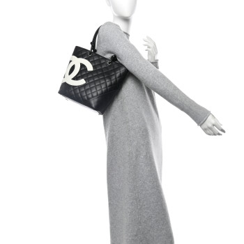 CHANEL Calfskin Quilted Medium Cambon Tote Black White