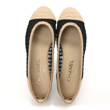 CHANEL Raffia Cap Toe Ballerina Flats 37 Black Beige