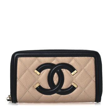 CHANEL Caviar Quilted Small Filigree Zip Around Wallet Beige Black