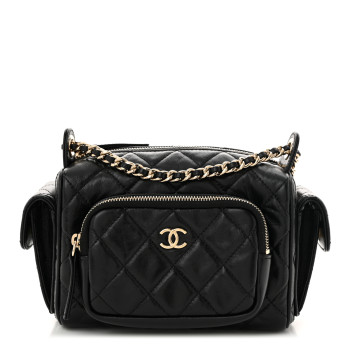 CHANEL Shiny Crumpled Lambskin Quilted Small Preppy Pocket Camera Case Black