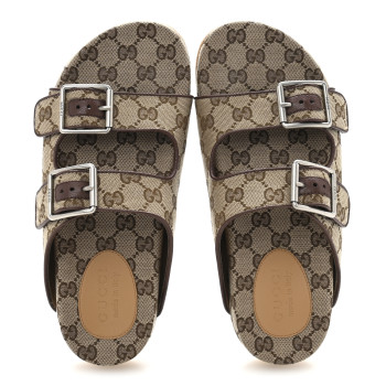 GUCCI GG Monogram Lavaredo Eco Fabric Mens Slide Sandals With Straps 6 Beige Ebony Light Brown
