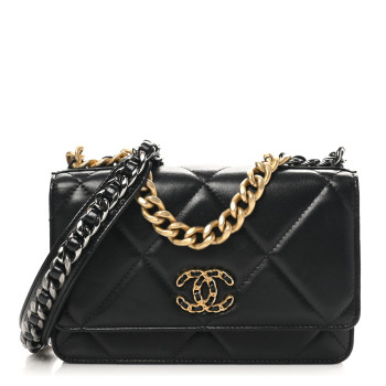 CHANEL Lambskin Quilted Chanel 19 Wallet On Chain WOC Black