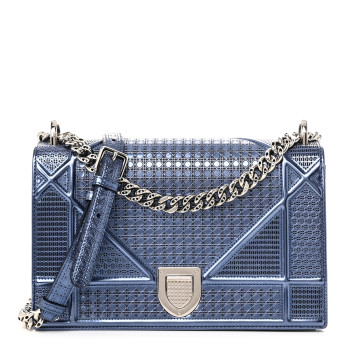 CHRISTIAN DIOR Metallic Patent Micro-Cannage Medium Diorama Flap Bag Blue