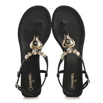 CHANEL Lambskin Metal Heart Thong Sandals 39 Black