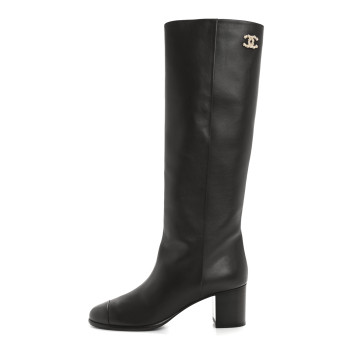 CHANEL Calfskin CC High Boots 38.5 Brown