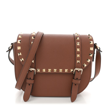 VALENTINO GARAVANI Grained Calfskin Rockstud Flap Messenger Saddle Brown