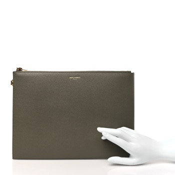 SAINT LAURENT Grain De Poudre Paris Zipped Tablet Holder Greyish Brown