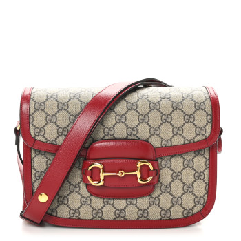 GUCCI GG Supreme Monogram Azalea Calfskin Horsebit 1955 Shoulder Bag Beige Ebony New Cherry Red