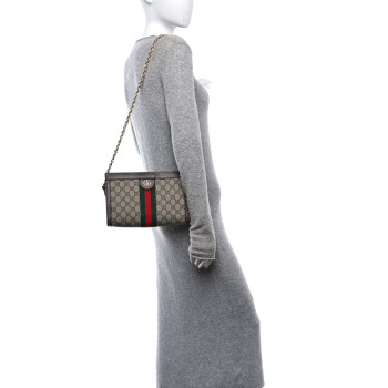 GUCCI GG Supreme Monogram Web Small Ophidia Chain Shoulder Bag Brown