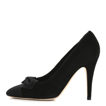 CHANEL Suede Grosgrain Cap Toe CC Pumps 38 Black