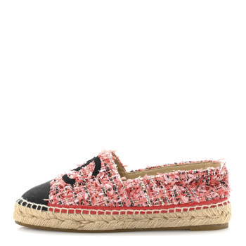 CHANEL Tweed Grosgrain CC Espadrilles 36 Coral Red Pink Black