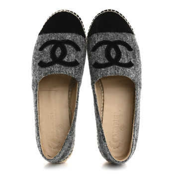 CHANEL Tweed Velvet CC Espadrilles 39 Grey Black