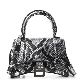 BALENCIAGA Shiny Calfskin Snakeskin Effect Hourglass Top Handle Bag Mini Silver Black
