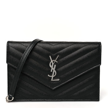 SAINT LAURENT Grain De Poudre Matelasse Chevron Monogram Envelope Chain Wallet Black