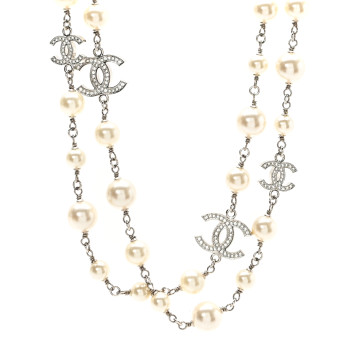 CHANEL Crystal Pearl CC Long Necklace Silver