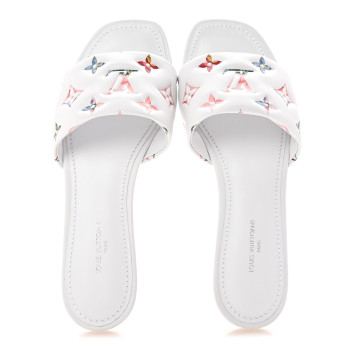 LOUIS VUITTON Lambskin Embossed Monogram By The Pool Revival Flat Mules 36 White Multicolor