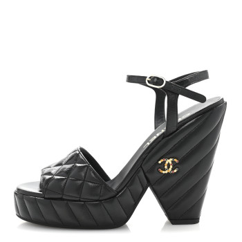 CHANEL Shiny Lambskin Quilted Platform Sandals 38.5 Black