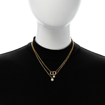CHRISTIAN DIOR Metal Crystal Pearl CD Necklace Gold
