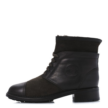 CHANEL Suede Calfskin Shearling Cap Toe CC Short Boots 39 Brown