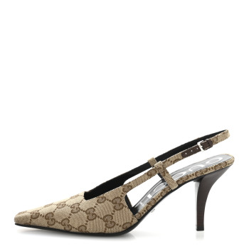GUCCI Monogram Malga Kid Square G 75mm Slingback Pumps 38 Beige Ebony New Acero