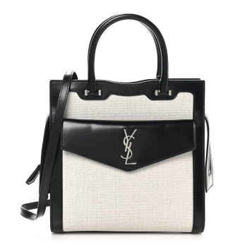 SAINT LAURENT Canvas Calfskin Small Uptown Tote Black