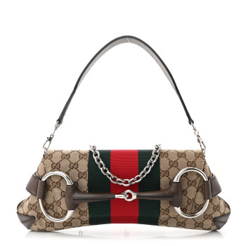 GUCCI Monogram Textured Dollar Calfskin Heavy Grosgrain Web Medium Maxi Horsebit Chain Shoulder Bag Beige Ebony New Acero