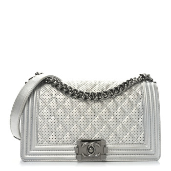 CHANEL Metallic Lambskin Perforated Quilted Medium Boy Flap Argent