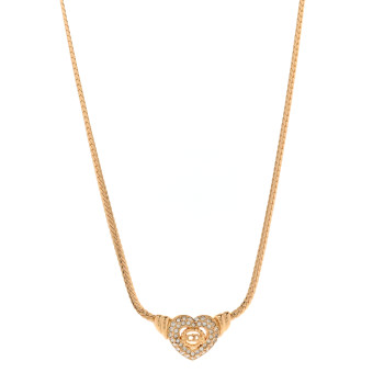 CHRISTIAN DIOR Metal Crystal Logo Heart Necklace Gold