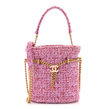 CHANEL Tweed Enamel Quilted Pending CC Bucket Drawstring Bag Pink Purple